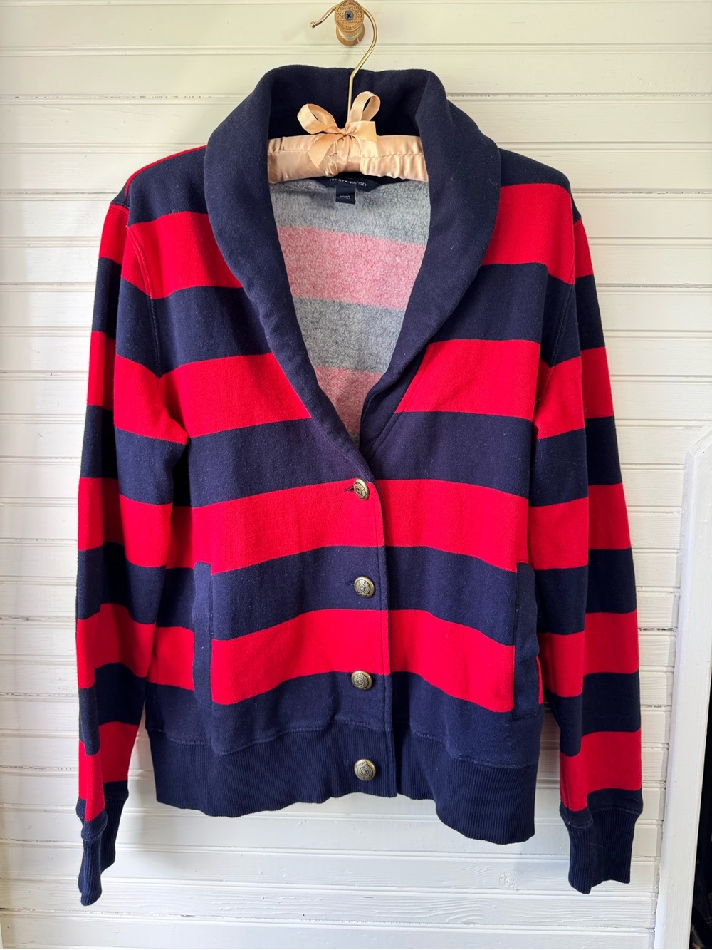 Tommy Hilfiger Striped Shawl Collar Button-Front Sweater Cardigan - Red & Navy